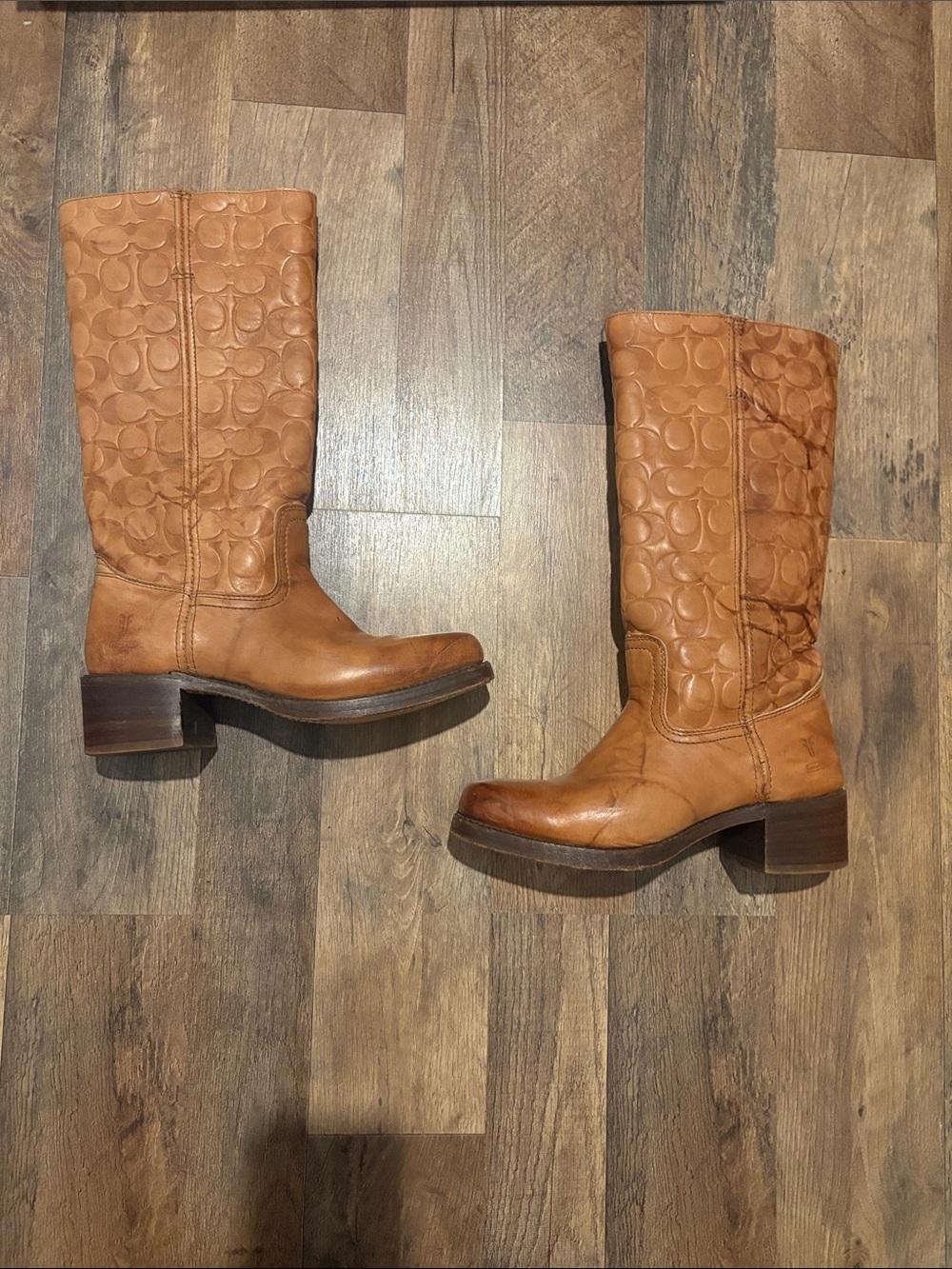 Frye Campus Boots Frye/Coach Cognac Leather Embossed Logo Boots - Picture 1 of 15